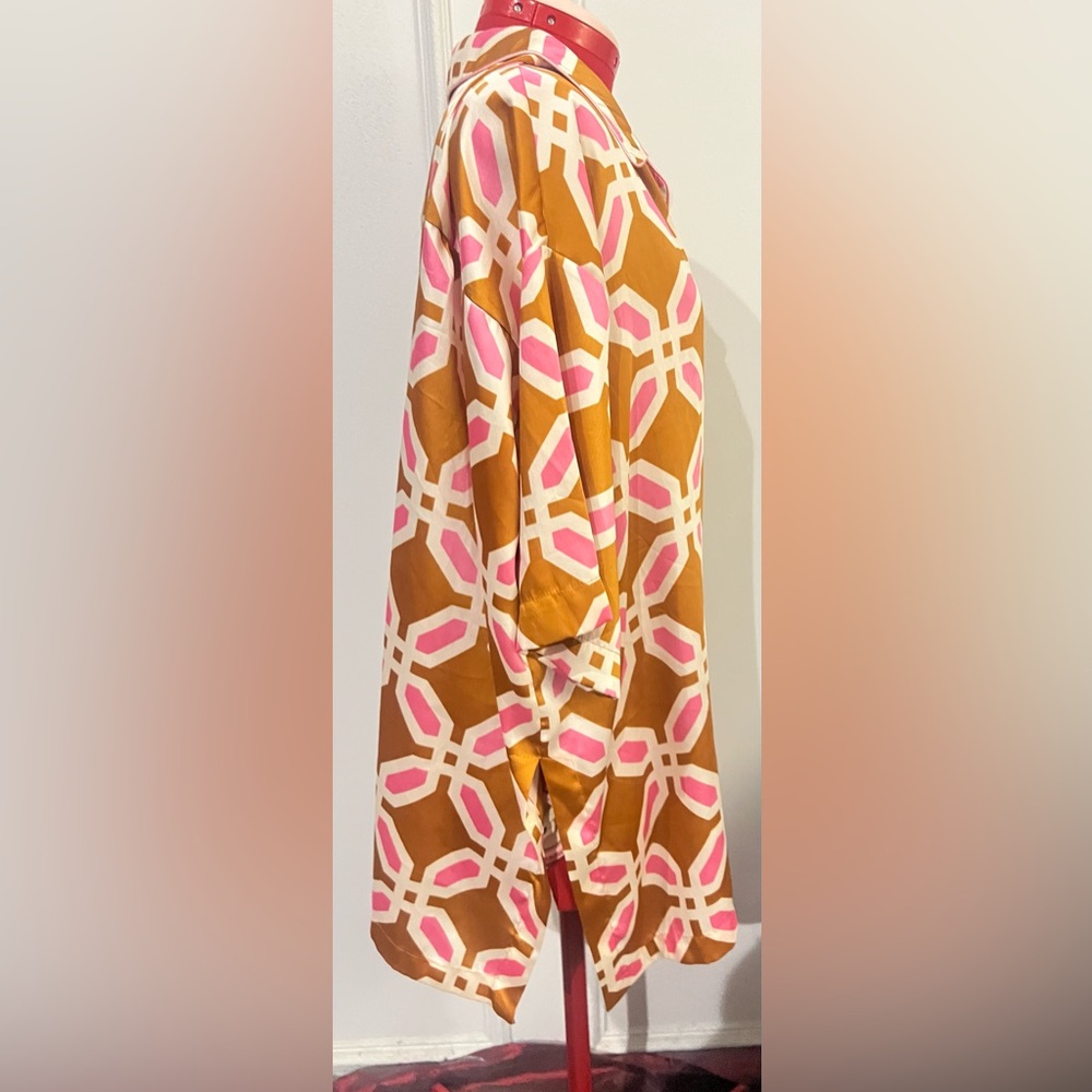 New Zara Geometric Patterned PJ Style Shirt in Pink & Tan Suze XL - Picture 3 of 6